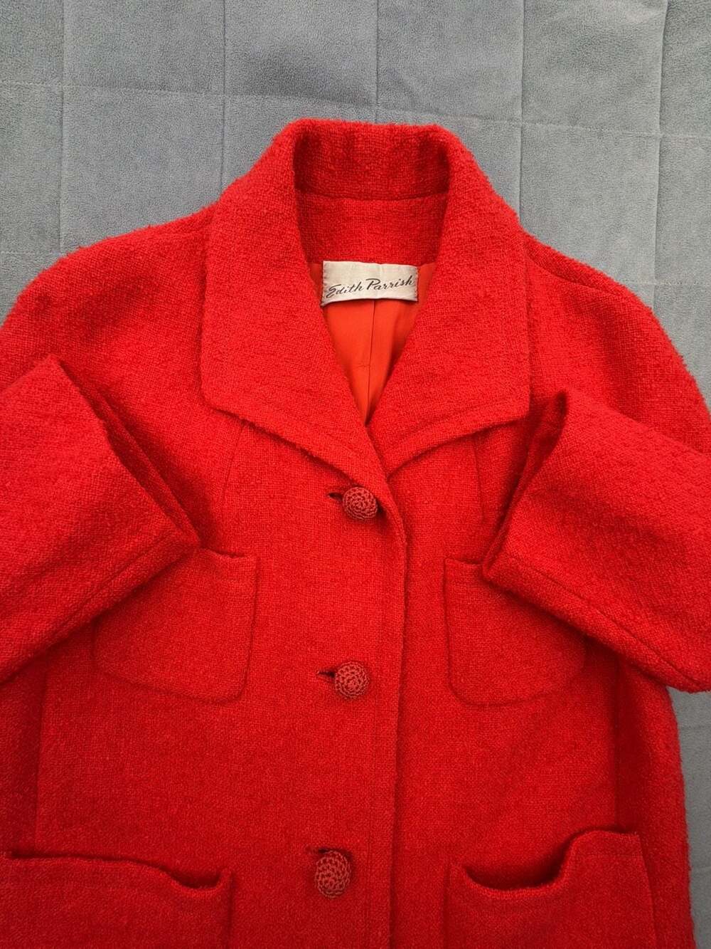 Edith Parrish Red Textured Wool Topper Coat Vintage Buttons